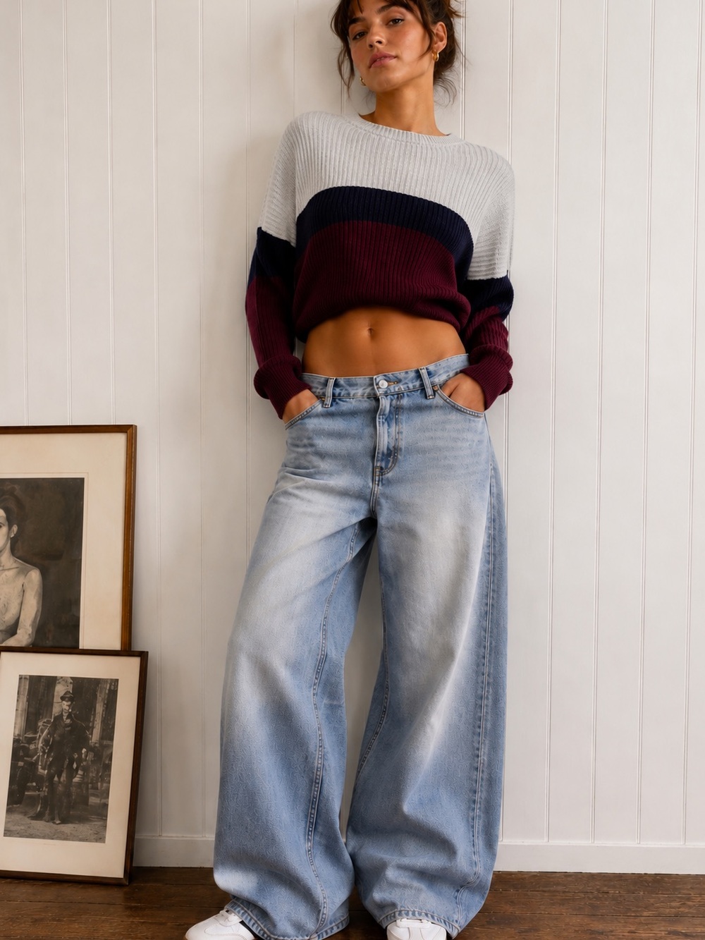 Garage‎ Size S Colorblock Knit Sweater Cream Navy Burgundy Casual Cozy Cropped